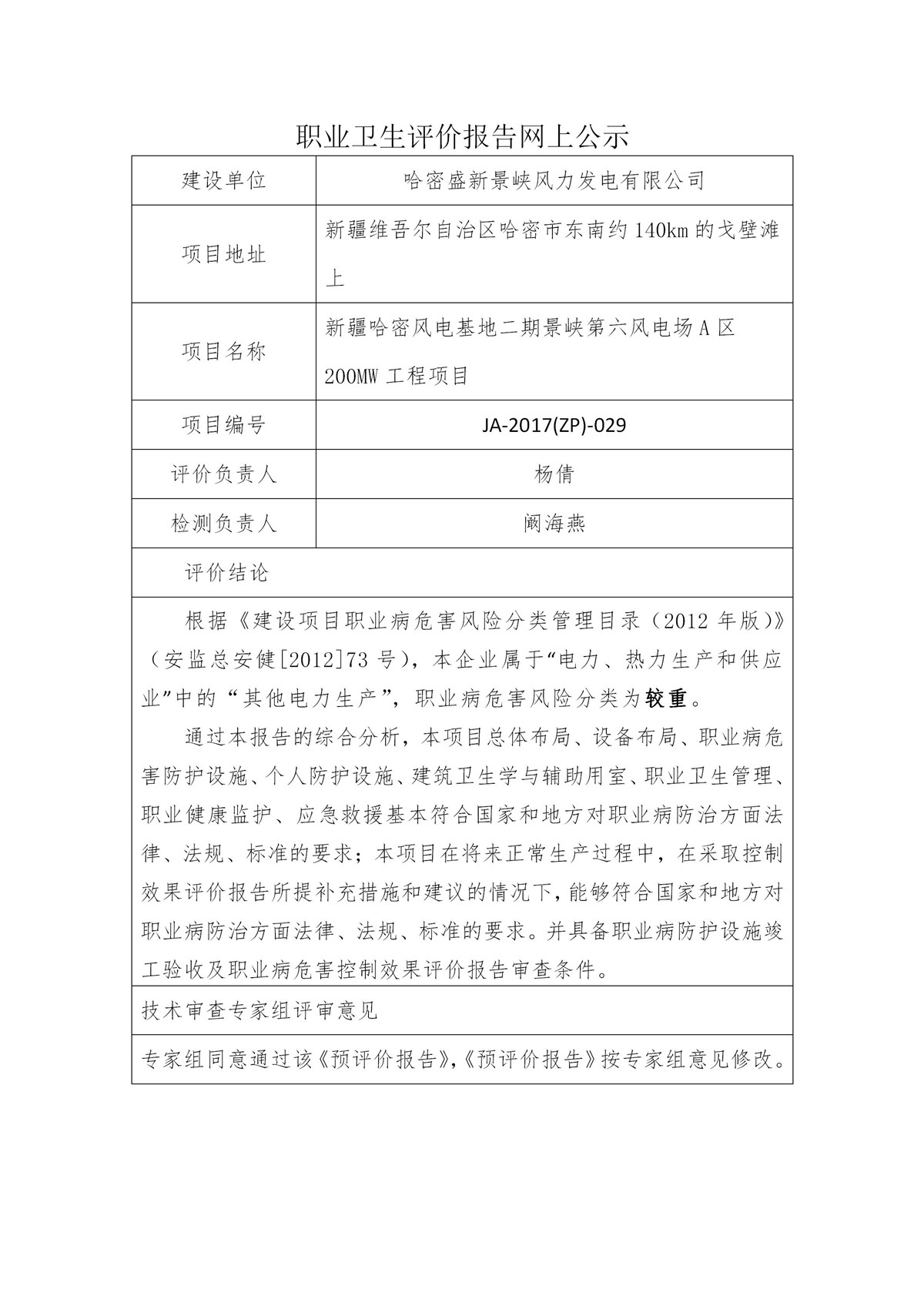 JA-2017(ZP)-029哈密盛新景峡风力发电有限公司 新疆哈密风电基地二期景峡第六风电场A区200MW工程项目职业病危害控制效果评价_01.jpg