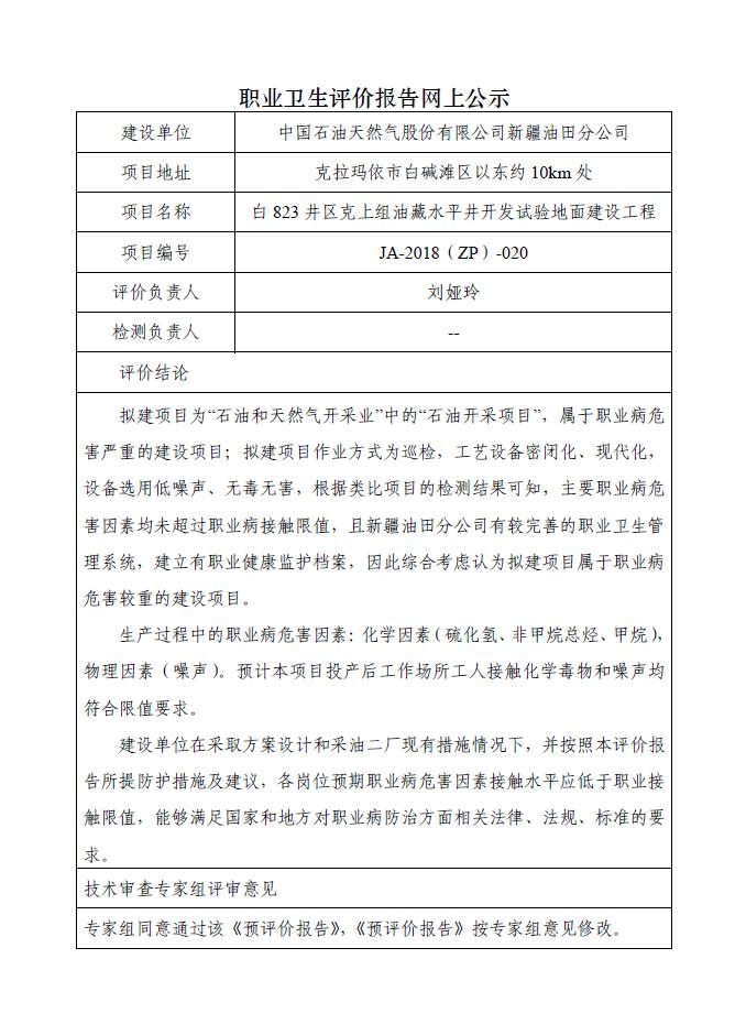 JA-2018(ZP)-020中国石油新疆油田分公司白823井区克上组油藏水平井开发试验地面建设工程职业病危害预评价报告.jpg