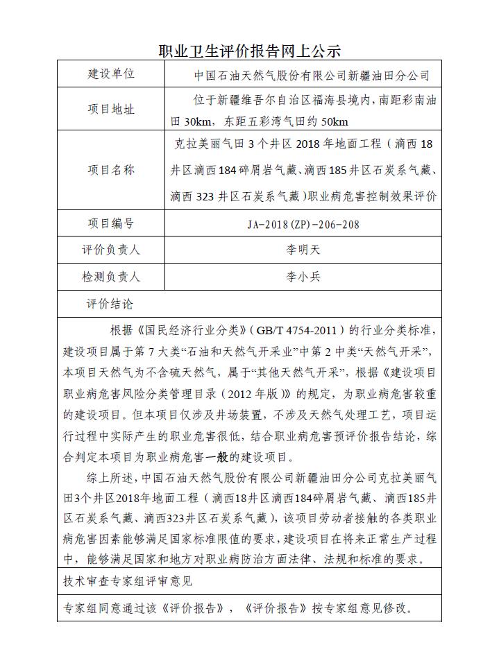 JA-2018(ZP)206-208克拉美丽气田3个井区2018年地面工程（滴西18井区滴西184碎屑岩气藏、滴西185井区石炭系气藏、滴西323井区石炭系气藏）职业病危害控制效果评价.jpg